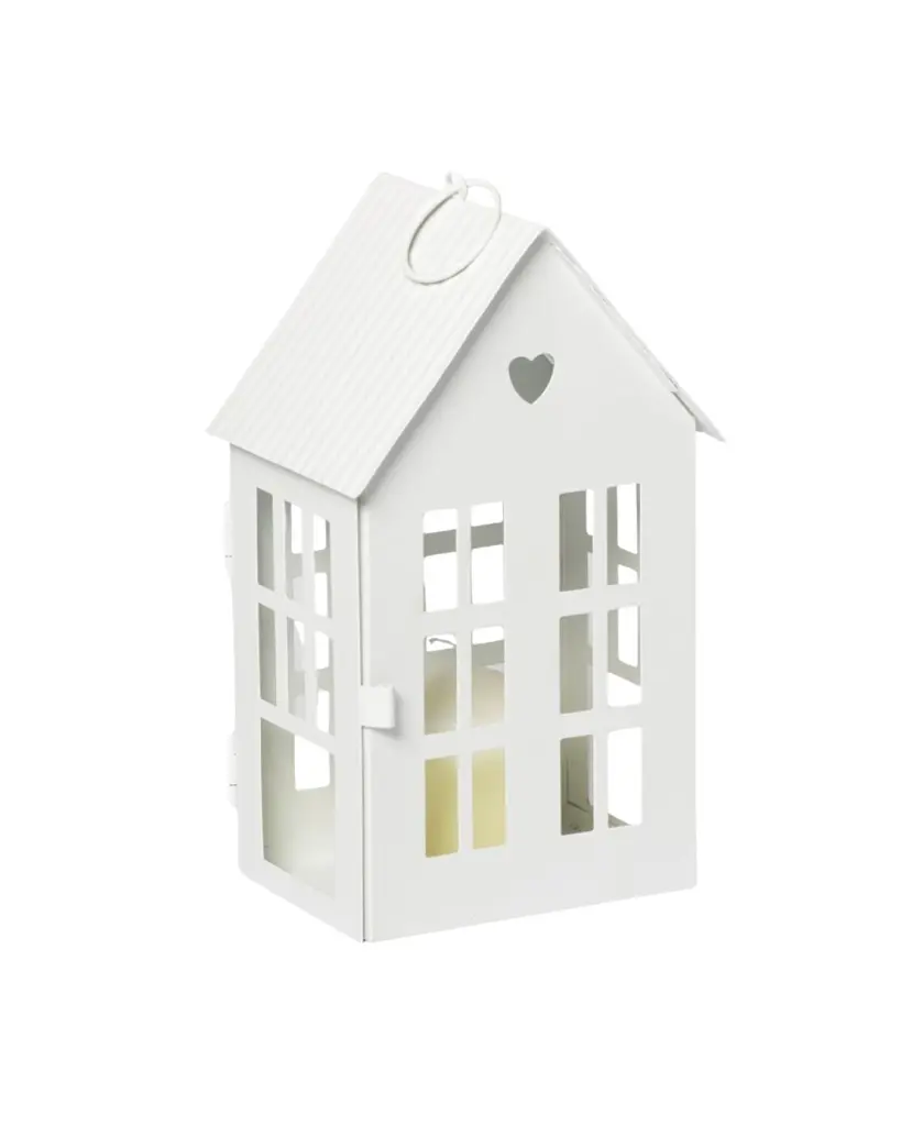 Farol para vela con forma de casa de metal color blanco • 13,5 × 10,5 × 23 cm gaia hogar 2374020 g1.webp
