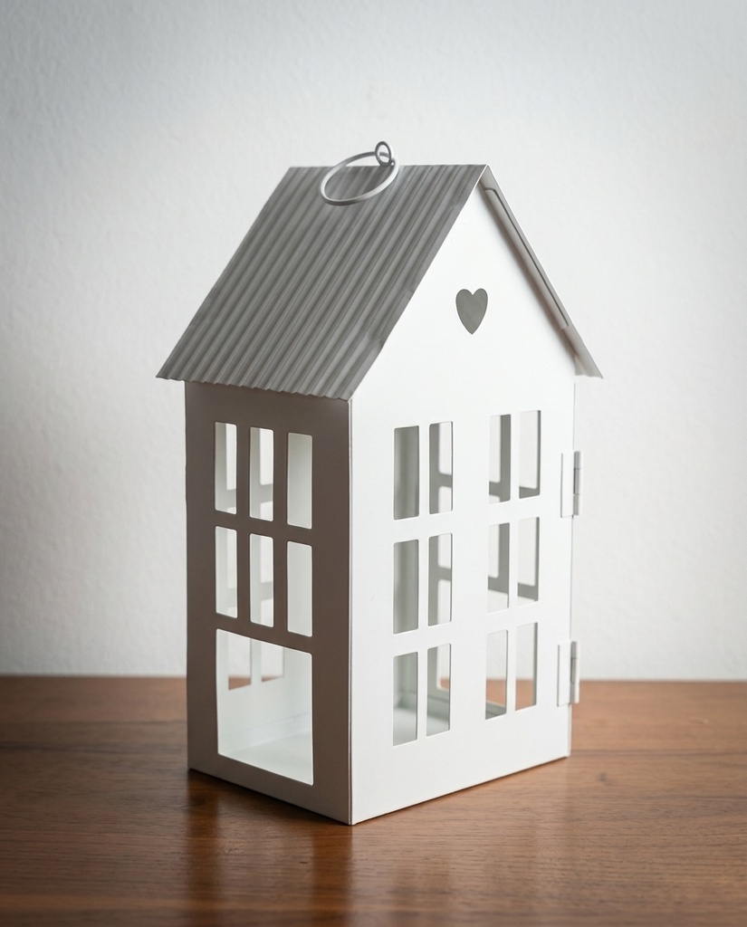 Farol para vela con forma de casa de metal color blanco • 13,5 × 10,5 × 23 cm