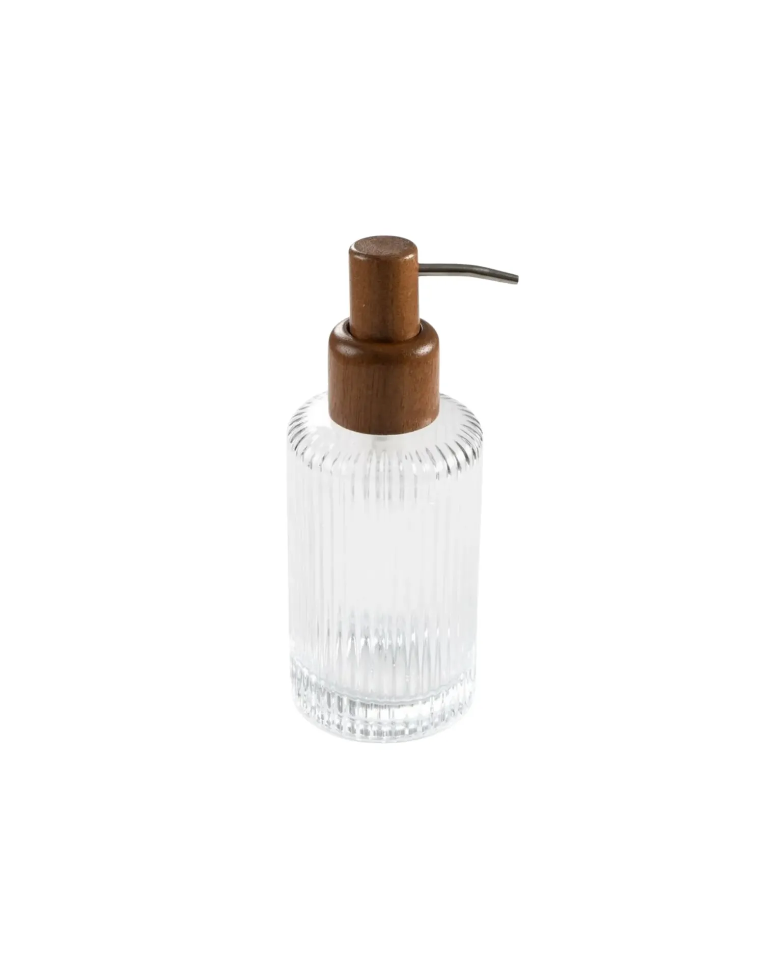 Dispensador de jabón de vidrio transparente estriado y madera • 7,4 × 7,4 × 18 cm