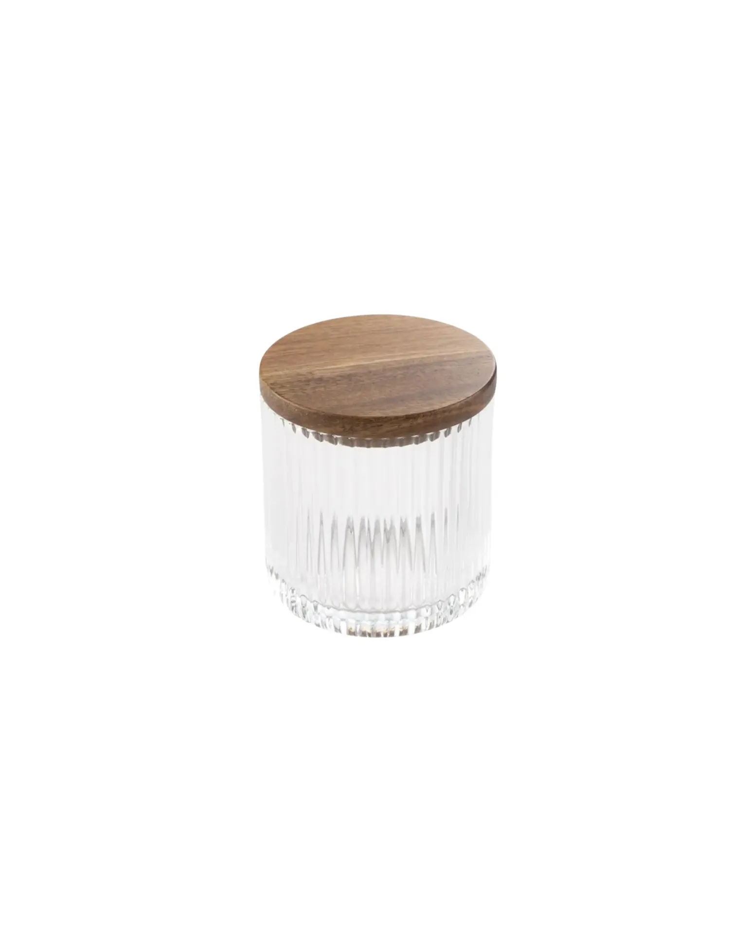 Vaso de baño de vidrio transparente estriado con tapa de madera • Ø 9 × 10 cm