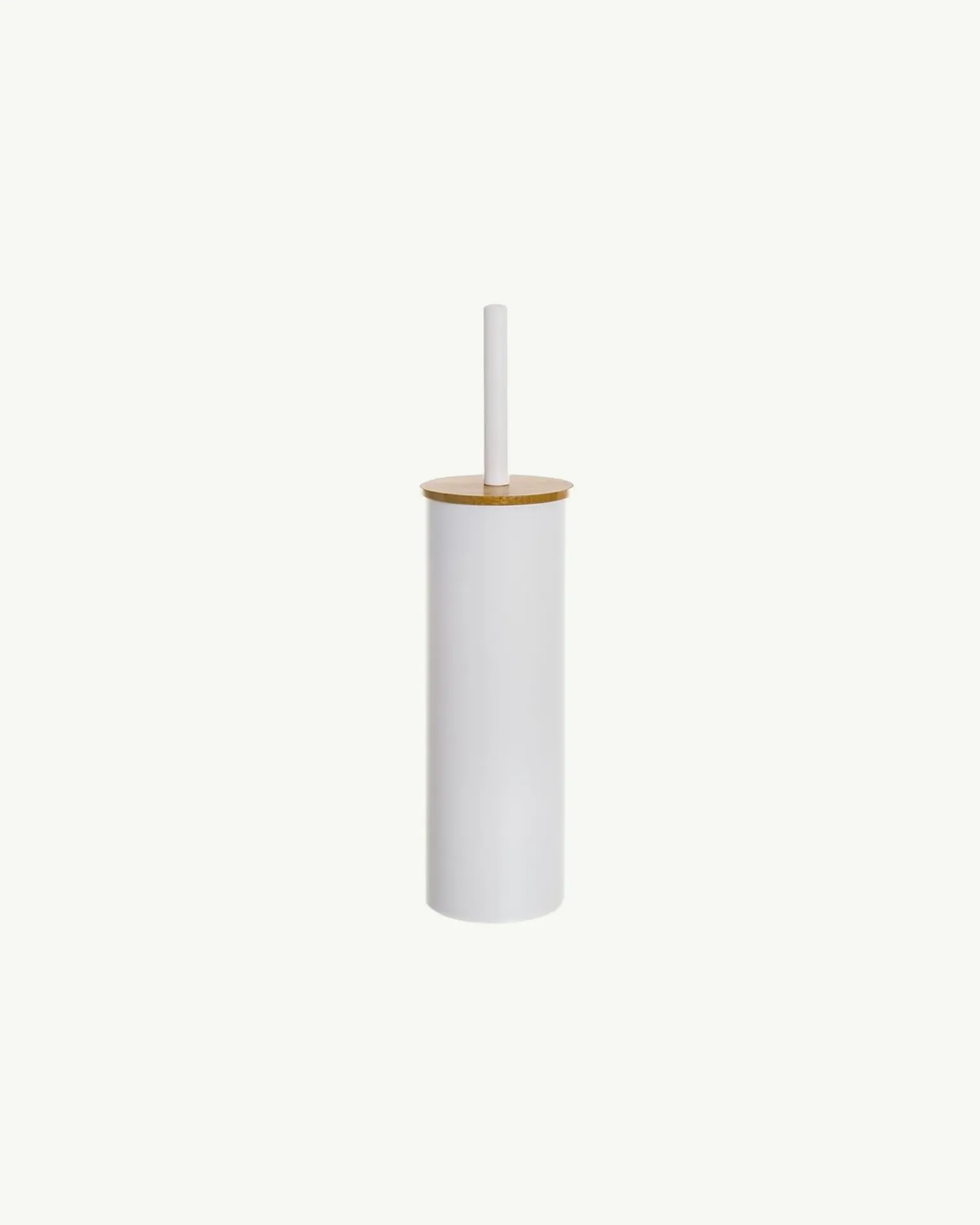 Escobilla de metal color blanco con tapa de bambú • Ø 9,5 × 38 cm