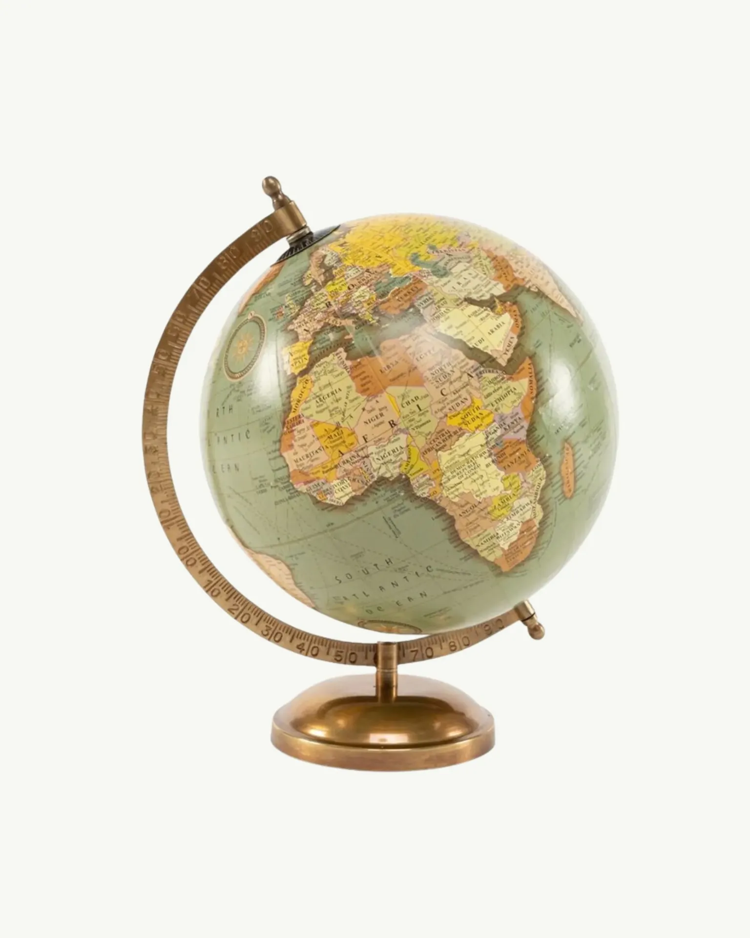 Globo terráqueo con pie metálico color bronce • Ø 20 x 28 cm