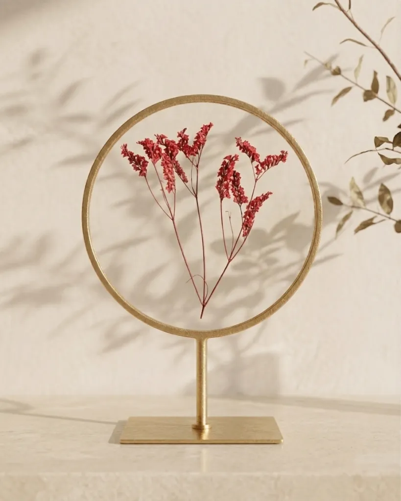 Figura decorativa circular de metal dorado con flor • 15 × 7 × 23 cm
